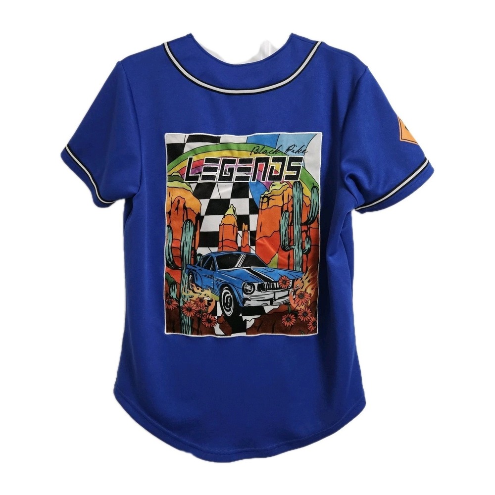 Black Pike Jersey Men Small Blue Legends Graphic Racing Baseball Button Up Shirt